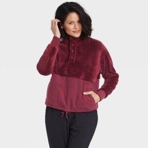 All In Motion Half Fleece Pullover Popover Sweater Drawstring Burgundy XL